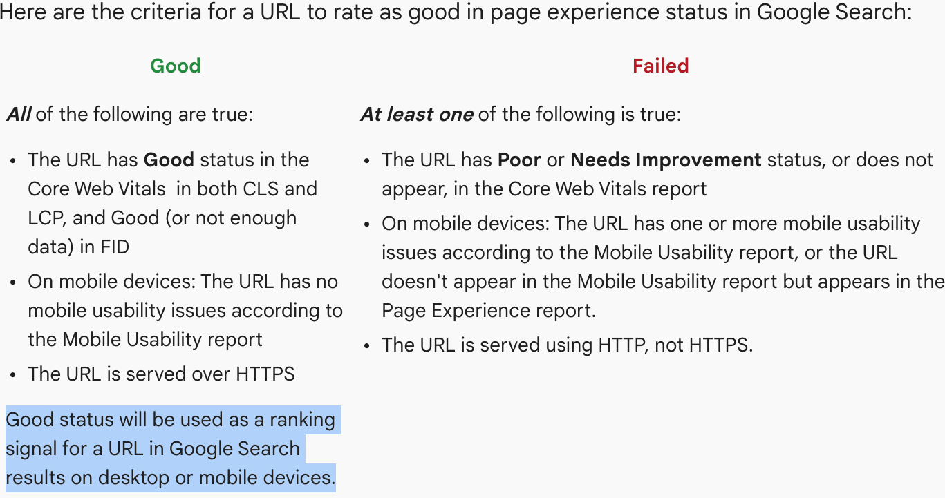 Screenshot showing that URLs will be marked up in Search if they pass all Page Experience signals, but not showing that they would get marked down for not passing